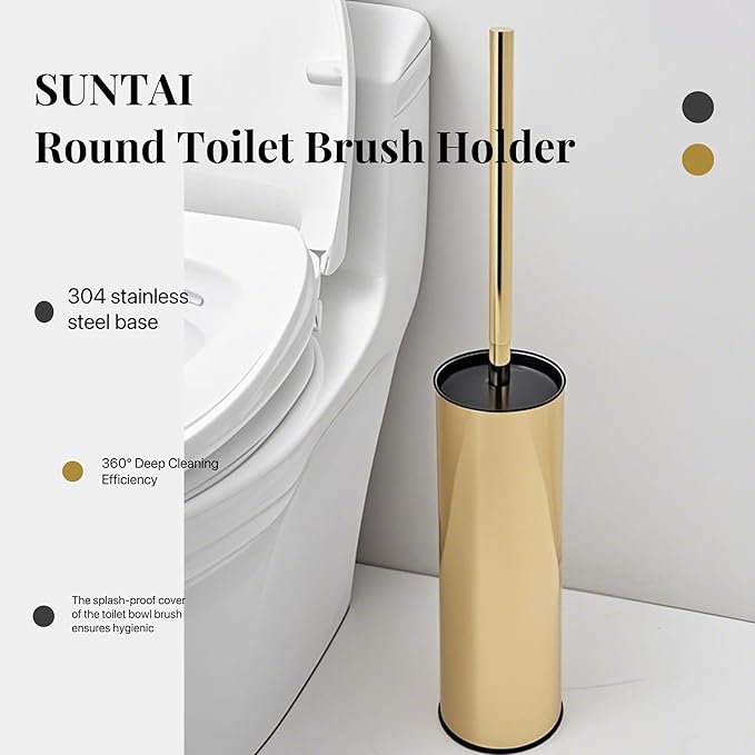 Toilet Brush and Holder,304 Stainless Steel Toilet Brush with Long Brush Handle,Toilet Bowl Brush for Bathroom Cleaning,2 Bristle Heads, Gold