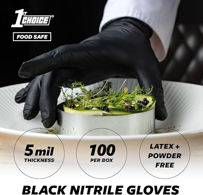 1st Choice Black Nitrile Gloves Disposable Latex-Free 5 Mil Textured for Cooking, Cleaning, Food Prep, Large, 2 Boxes of 100