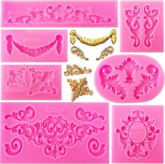 7Pcs Baroque Style Curlicues Scroll Lace Silicone Fondant Molds, Relief Flower Mould Filigree Mold 3D Cake Sculpted for Candy Gummy Decoration Cupcake Topper Jewelry Polymer Clay Crafting Projects