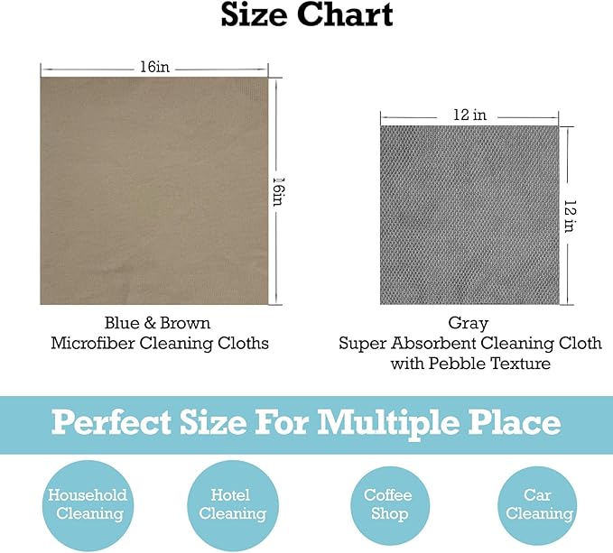 2-Step Glass Cleaning Cloth 3-Pack - Lint-Free Microfiber Towels Polish & Scrub Kit - Water Only Streak-Free for Windows, Cars, Mirrors - Blue, Brown, Gray