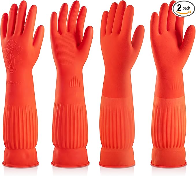 ThxToms Rubber Dishwashing Cleaning Gloves (2-Pair) - Fleece Lined, Reusable, Waterproof with Extra-Long Cuff & Anti-Slip Design for Household & Kitchen Use - Large