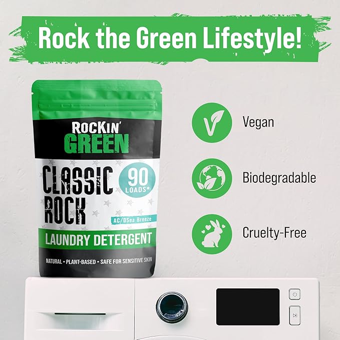 Rockin' Green Classic Rock Laundry Detergent (90 Loads), Plant based, All Natural Laundry Detergent Powder, Vegan and Biodegradable Odor Fighter, Safe for Sensitive Skin, 45 oz (AC/DSea Breeze)