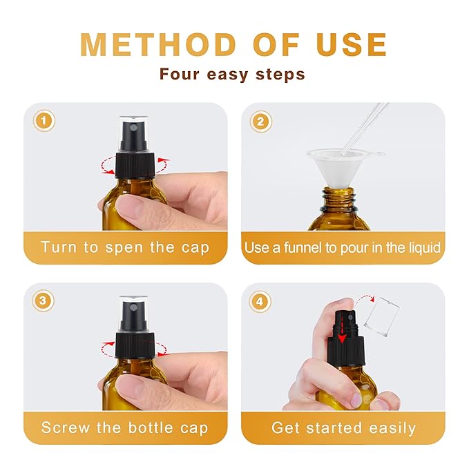 4 pcs Amber Glass Spray Bottles 2oz, Empty Small Spray Bottle Fine Mist Refillable Sprayer with Funnel Labels Droppers,Mini Travel Bottle for Essential Oils,Hair and Cleaning Solutions