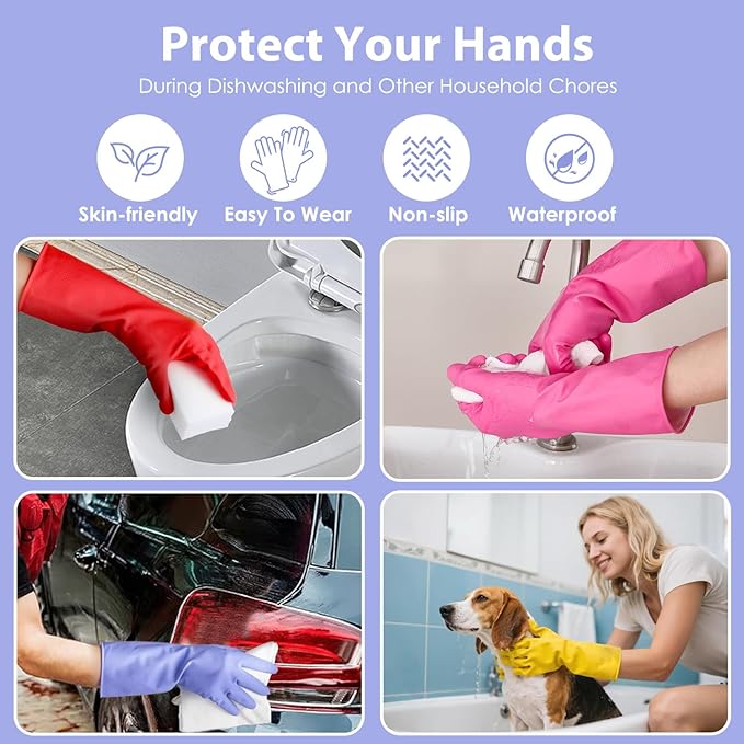 Rubber Kitchen Dishwashing Gloves - 4 Pairs Colorful Reusable Cleaning Gloves for Kitchen Washing Dishes and Household Cleaning(XL, Blue+Pink+Yellow+Red)