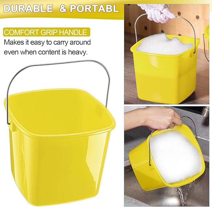 Zhehao 6 Pcs 3 Quart Cleaning Bucket Small Detergent Square Bucket Sanitizing Plastic Pail with Handles Square Cleaning Pail for Home, Offices, School, Commercial Use, Food Service (Yellow)