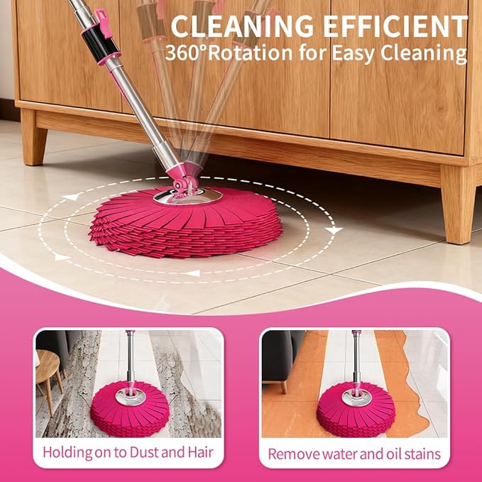 Stainless Steel Spin Mop and Bucket with Wringer Set for Home,360° Mop and Bucket with Separate Clean and Dirty Water,Wet Dust Mop for Floor Cleaning with Extra Refills (Black Pink)