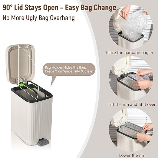 rejomiik Small Bathroom Trash Can with Lid 1.9 Gallon Step Trash Can Slim Garbage Can with Soft-Close Waste Bin for Bathroom, Bedroom, Office, Dorm, RV, Off-White