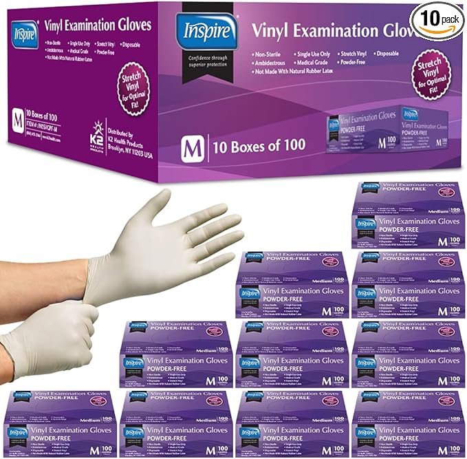 Inspire Stretch Vinyl Exam Gloves | THE ORIGINAL Quality Disposable Latex Free Medical Glove Cleaning Cooking Food Service Labs Healthcare and Household, Medium 1000 Count