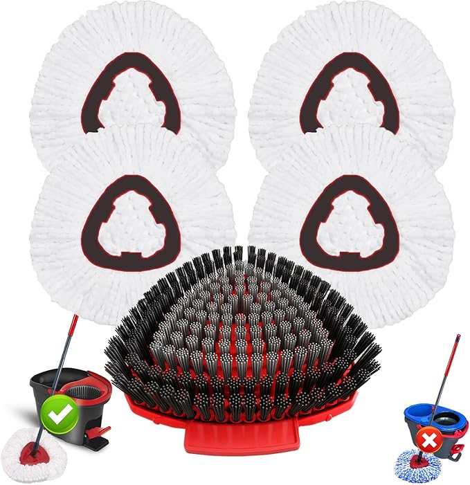 5 Pack Spin Mop Head Replacement for O Cedar EasyWring 1-Tank System,Include 4 Mop Replace Heads + 1 Upgrade Scrubber Brush, 100% Microfiber Mop Refills Deep Cleaning Machine Washable