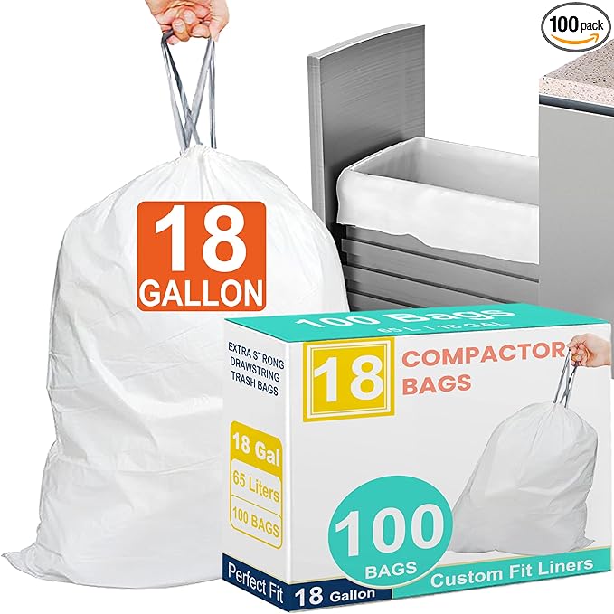 18 Gallon 100 Count Compactor Kitchen Trash Bags 1.2 Mil THICK Heavy Duty Reinforced Drawstring Fits 13-18 Gallon Compatible with Kitchenaid, Whirpool, GE 15 Inch Compactors Tear & Leak Resistant