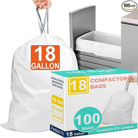 18 Gallon 100 Count Compactor Kitchen Trash Bags 1.2 Mil THICK Heavy Duty Reinforced Drawstring Fits 13-18 Gallon Compatible with Kitchenaid, Whirpool, GE 15 Inch Compactors Tear & Leak Resistant