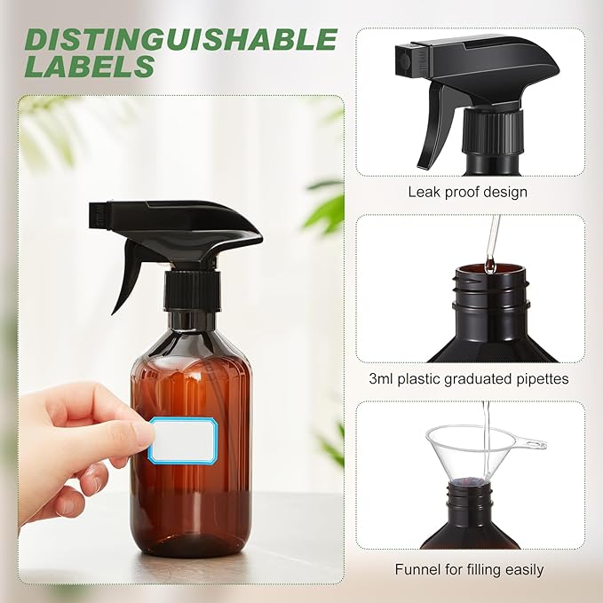 9 Pack 10oz/300ml Plastic Spray Bottle Bulk for Plant Small Spray Bottle Fine Mist Water Sprayer Upgraded Adjustable Nozzle Refillable Empty Containers for Cleaning, Hair, Cooking(Amber)