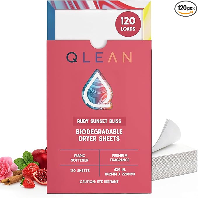 QLEAN Dryer Sheets | Natural Fabric Softener & Removes Static Cling | Vegan Laundry Softener | Soft, Fresh Laundry, Perfect for Clothes and Beddings - 120 Loads (Ruby Sunset Bliss)