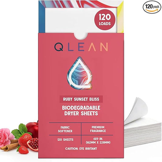 QLEAN Dryer Sheets | Natural Fabric Softener & Removes Static Cling | Vegan Laundry Softener | Soft, Fresh Laundry, Perfect for Clothes and Beddings - 120 Loads (Ruby Sunset Bliss)