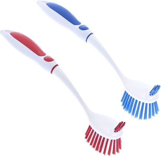 Dish Brush with Handle Vegetable Brush Double Sided Cleaning Brush Scrubber Non Scratch Scrub Brushes Kitchen Brush for Cooking, Foods- Fruits/Potatoes/Veggies, Sinks, Bath-Blue/Red, 2 Pack-Superio