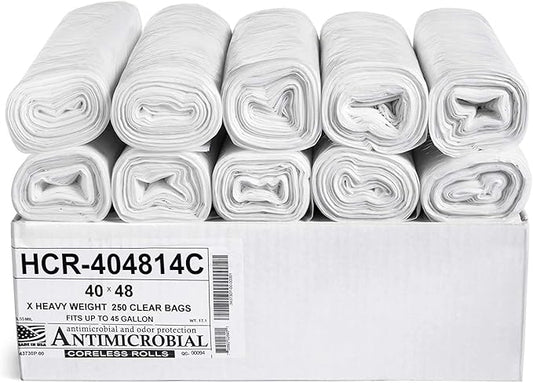 Aluf Plastics High Density Trash Bags, 45 Gallon, 250 Count, 14 Micron (eq), 40" x 48", Clear, for Bathroom, Office, Industrial, Commercial, Janitorial, Municipal, Recycling