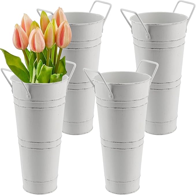 4 Pack 9 Inch Tall Galvanized French Flower Bucket, White Farmhouse Vintage Metal Vases with Handle for Floral Wedding Arrangements