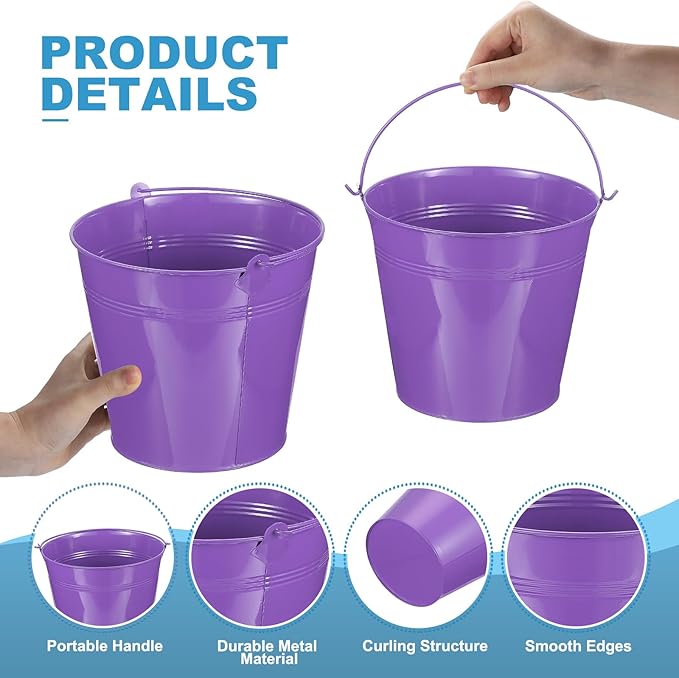 PATIKIL 7"x6.4" Small Metal Buckets with Handle, 6 Pcs Mini Galvanized Bucket Colorful Easter Buckets for Crafts Party Favors Decoration, Purple