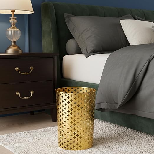 Metal Gold Trash Can, 7.28" D x 10" H Modern Cylindrical Gold Garbage Can, Durable Metal Waste Basket for Office Bathroom & Small Spaces