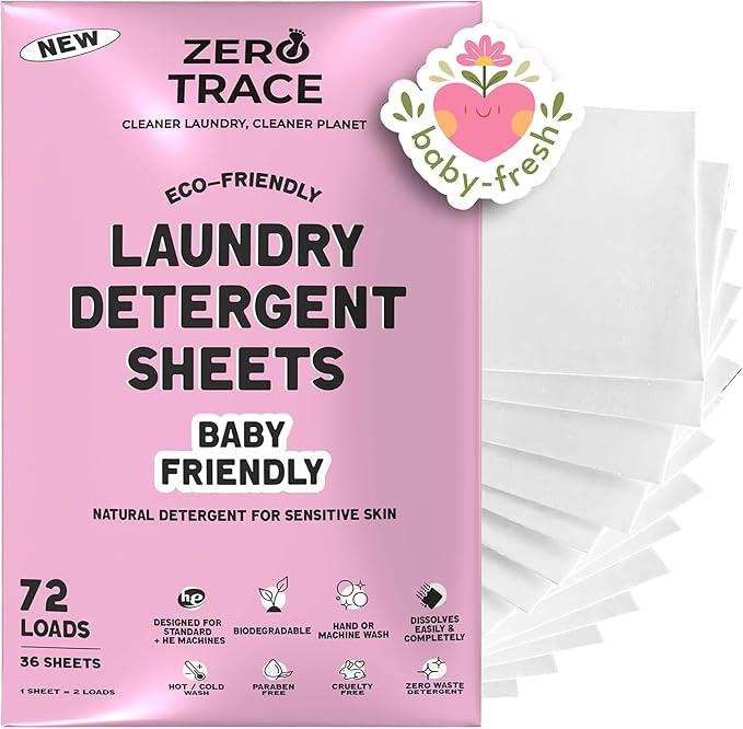 ZERO TRACE Baby Friendly Laundry Detergent Sheets, 72 Loads - Eco Friendly, All Natural, Hypoallergenic, Biodegradable - Sheet Laundry Soap for Sensitive Skin