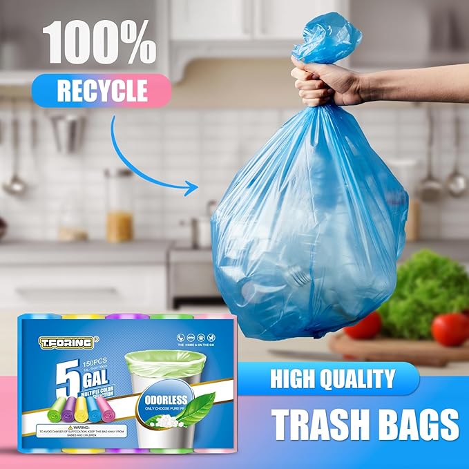 5 Gallon Trash Bags Extra Thick - 18 Liter Garbage Bags Unscented for Bathroom, Small Plastic Wastebasket Liners for Home Office Bedroom,150 Count 5 Color