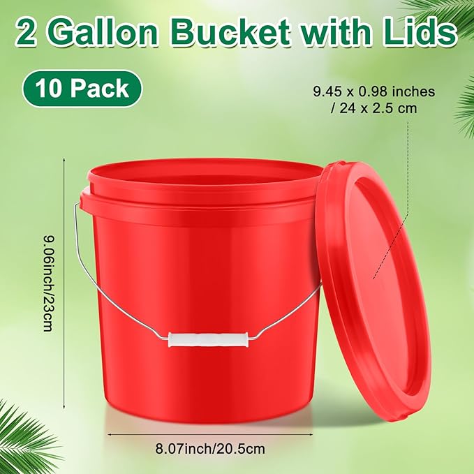 Tioncy 10 Pcs 2 Gallon Plastic Bucket with Lid Heavy Duty 2 Gallon Bucket Pail with Lid Handle for Storage Container Home Household Cleaning (Red)