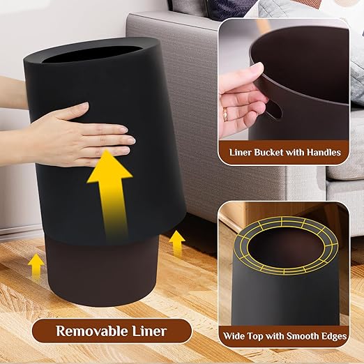 2 Pack Round Modern Trash Can Bedroom, 3Gal/12L Bathroom Trash Can Hidden Bag, Open Top Trash Bin Round Plastic, Minimalist Black Garbage Can with Inner Bucket (with 2 Handles) for Kitchen Office