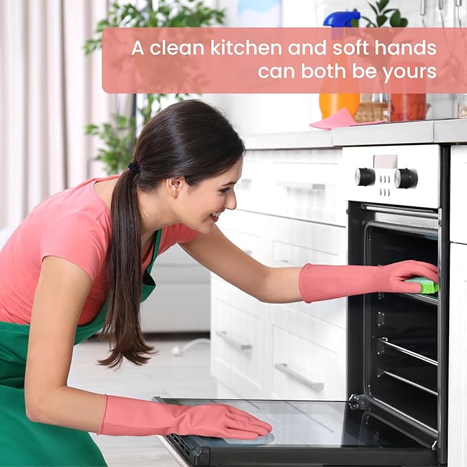 Rubber Cleaning Gloves for Dishwashing, 4 Pairs Reusable Kitchen Gloves for Washing Dishes and Household Cleaning, Pink Dish Gloves with Flocked Lining and Non-Slip Grip, Pefect for Woman Men - S