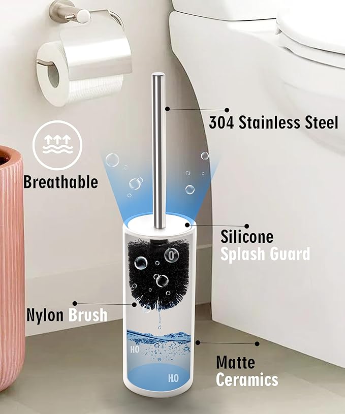 Matt White Ceramic Toilet Brush and Holder Set, Freestanding Toilet Bowl Cleaners Brush, Scrubber Brush for Toilet, Bathroom Accessories with Stainless Handle, Deep Cleaning