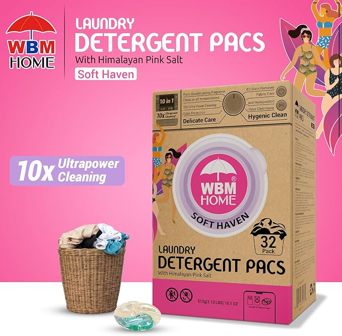 WBM Home Laundry Pods, Total 128 Count | Specially Designed for Undergarments With Soft Heaven Fragrance | Laundry Detergent Pods Formulated With Plant-Based Formula and Gentle Stain Remover