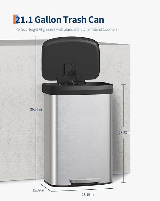Garvee 21 Gallon / 80 Liter Stainless Steel Trash Can with Lid, Large Garbage Can for Kitchen, Rustproof Step-on Kitchen Metal Trash Bin with Liner Rim, Rear Handle, Soft Close Plastic Lid, Silver