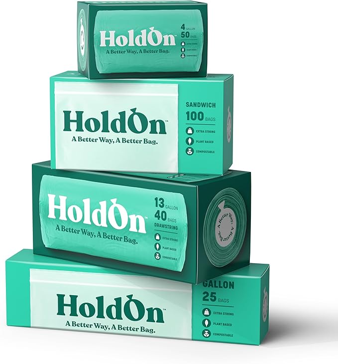 HoldOn Household Staples Set – Heavy duty, PFOA-Free, Compostable 13-Gallon Tall Kitchen Trash Bags, 4-Gallon Small Trash Bags, Gallon ZipSeal Bags and ZipSeal Sandwich Bags