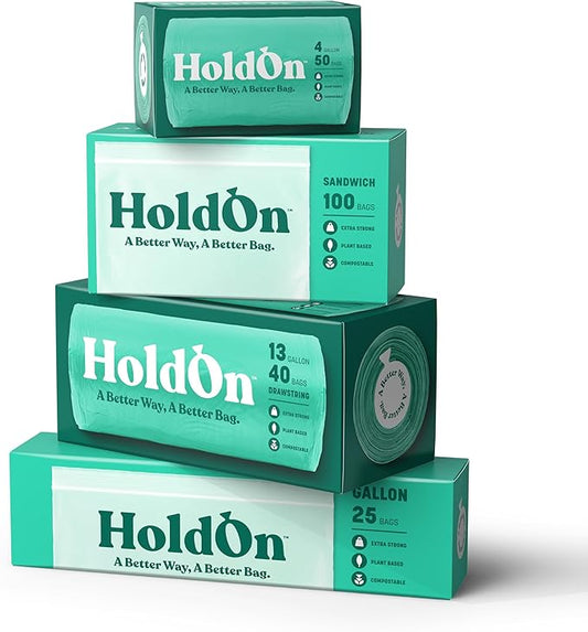 HoldOn Household Staples Set – Heavy duty, PFOA-Free, Compostable 13-Gallon Tall Kitchen Trash Bags, 4-Gallon Small Trash Bags, Gallon ZipSeal Bags and ZipSeal Sandwich Bags