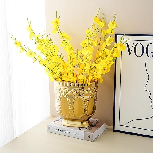 Modern Golden Trash Can, Ceramic Waste Container Garbage Receptacle Bin for Bathrooms, Powder Rooms, Kitchens - Stylish Wastebasket Garbage Can for Home & Office