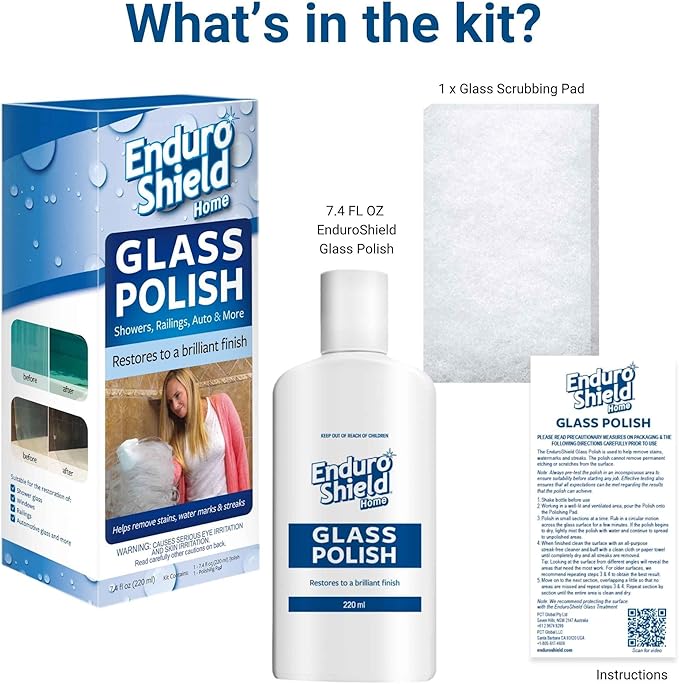 EnduroShield Shower Door Glass Polish – Water Spot Remover & Hard Water Stain Cleaner for Cloudy Shower Doors – Removes Soap Scum, Limescale & More – 7.4 fl oz