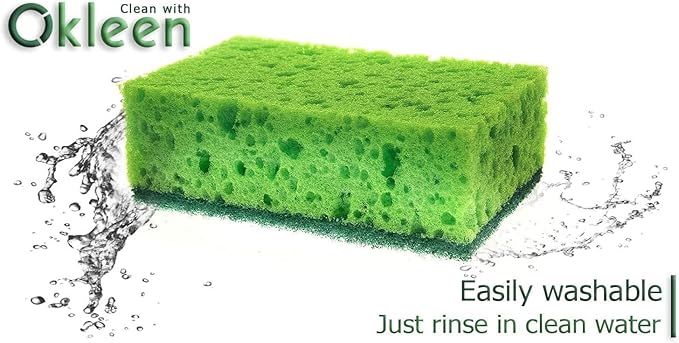 Green Multi Use Scrub Sponge. Made in Europe. 9 Pack, 4.3x2.8x1.4 inches. Odorless Heavy Duty and Non Scratch Fiber. Best, Durable, Delicate, Porous, Non Cellulose Kitchen Sponges and Scrubbers