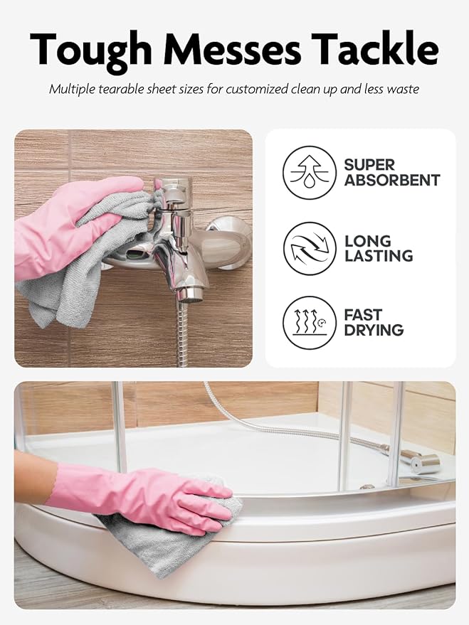 Fantasticlean Microfiber Cleaning Cloth Roll -60 Pack, Tear Away Microfiber Towels, 12" x 12", Reusable, Washable, Scratch Free, Ultra Absorbent Dishcloth for Car, Home Supplies (Pink & Grey)