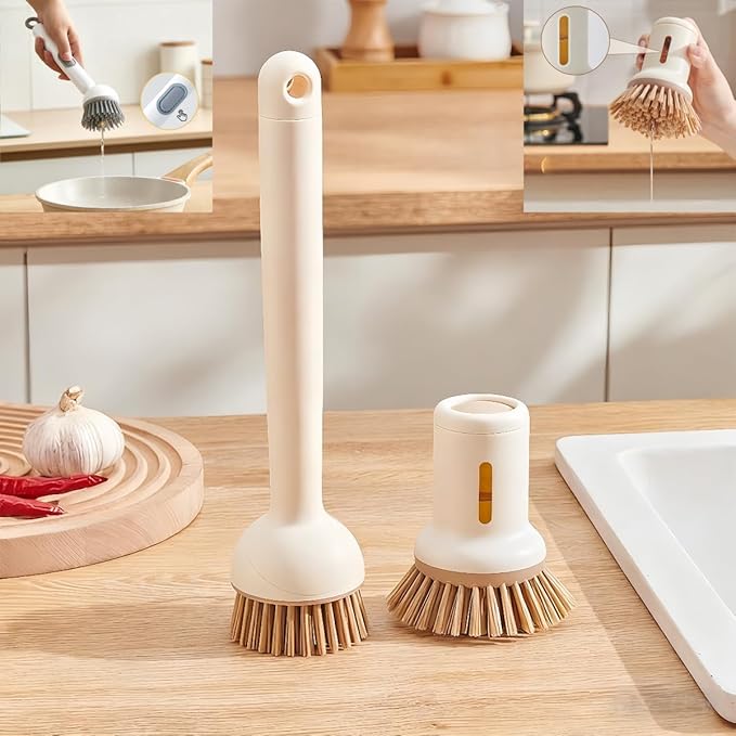 Adjustable Dish Brush with Soap Dispenser, Non-Scratch PET Bristles, Ergonomic Handle, Kitchen Cleaning Tool for Pots, Pans & Sink (Yellow, Combination Style (1 Long + 1 Short))