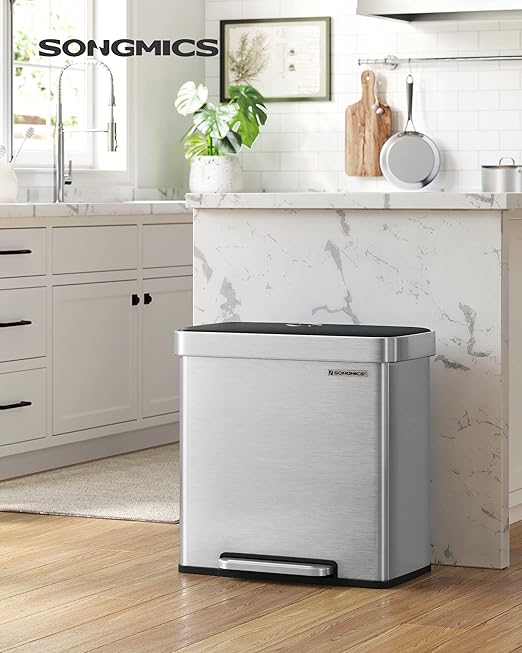 SONGMICS Kitchen Trash Can, 16 Gallon (2 x 8 Gallon) Dual Compartment Garbage Can, 60L Pedal Recycling Bin, Stays Open and Soft Close, Stainless Steel, 15 Bags Included, Metallic Silver ULTB202E01