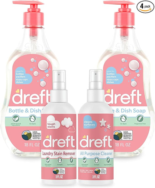 DREFT Bottle and Dish Soap Baby Gift Set - Bonus Travel Size Dreft All Purpose Cleaner & Stain Remover - Made to Clean Baby Essentials - Plant Based Ingredients, Fragrance Free Formula - 4 Piece Set