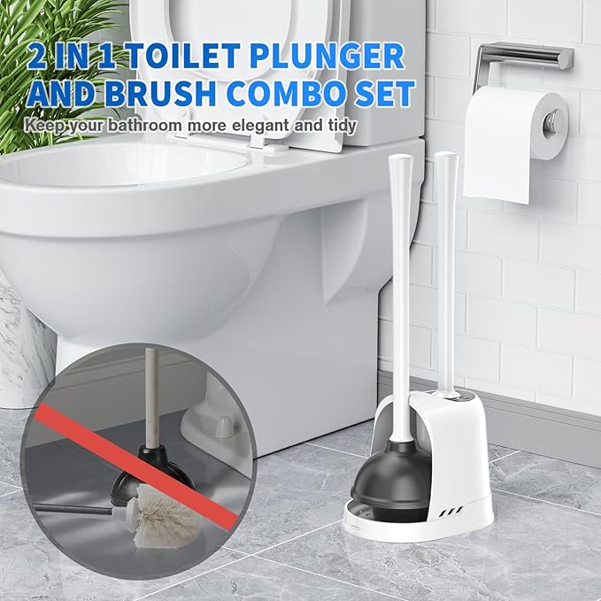 Toilet Plunger and Brush, Silicone Bowl Brush and Heavy Duty Toilet Plunger Set with Ventilated Holder, 2-in-1 Toilet Brush and Plunger Combo for 5.3-inch Bathroom Cleaning (White, 1 Set)