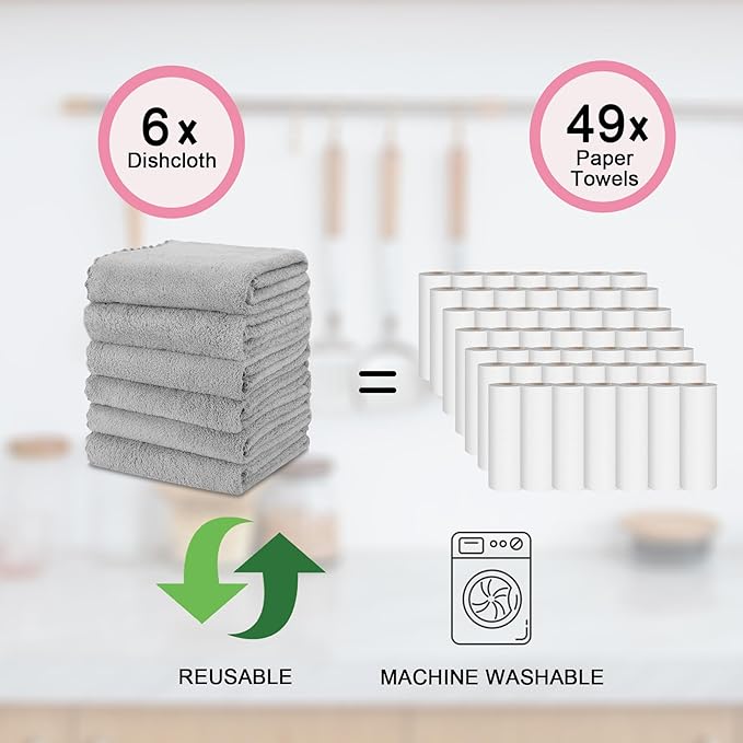 kimteny Kitchen Cloth Dish Towels, 13x28 Inches Premium Dishcloths, Super Absorbent Coral Velvet Microfiber Cleaning Cloths, Fast Drying Rags for Washing Dishes (13x28-6 Pack, Grey)