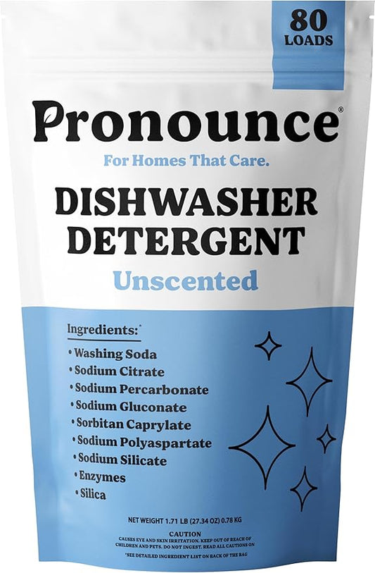 Pronounce Dishwasher Detergent - Cleaner Ingredients, Fragrance Free - Ultra Concentrated Dish Soap, Cuts Grease and Grime, Dishwasher Pods Alternative (Residue-Free). (80 Loads, Unscented)