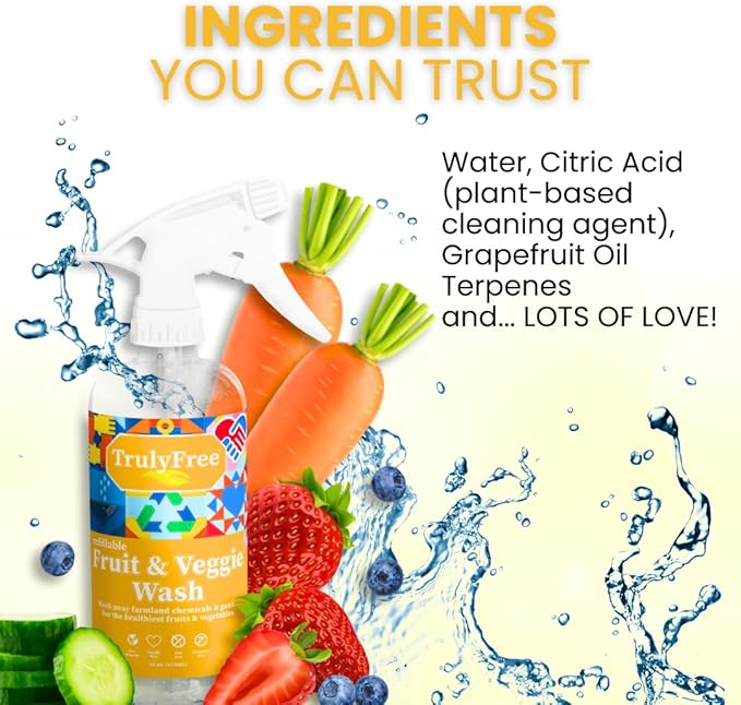 Truly Free Natural Fruit and Veggie Wash Kit - Produce Cleaner Spray (16oz Reusable Empty Bottle + Two Pouches, 3oz ea.) - DIY Vegetable Washer & Fruit Cleanser