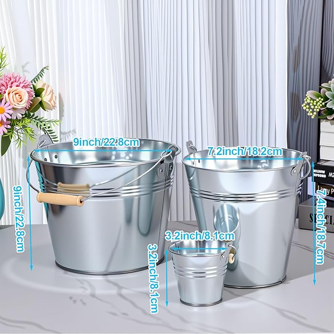 Zopeal 6 Pcs Large Metal Bucket Beer Bucket Galvanized Steel Pail with Handle for Gifts Basket Ice Candy Party(9 x 7 x 7 Inch,Silver)