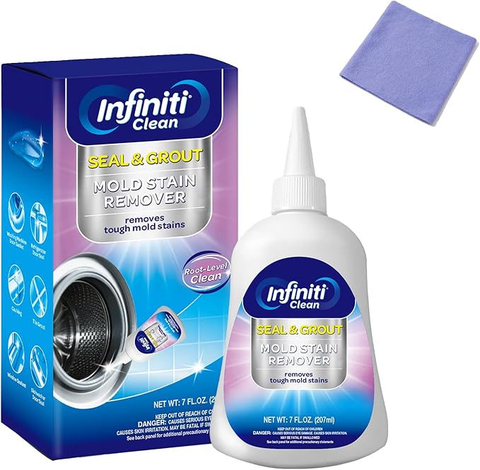 Mold Stain Remover Gel Cleaner Heavy Duty Cleaning Solution for Front Loader Washing Machine Seal, Bathroom Grout, Shower, Caulk - with 11.81" x 11.81" Purple Microfiber Cloth (7 fl oz)