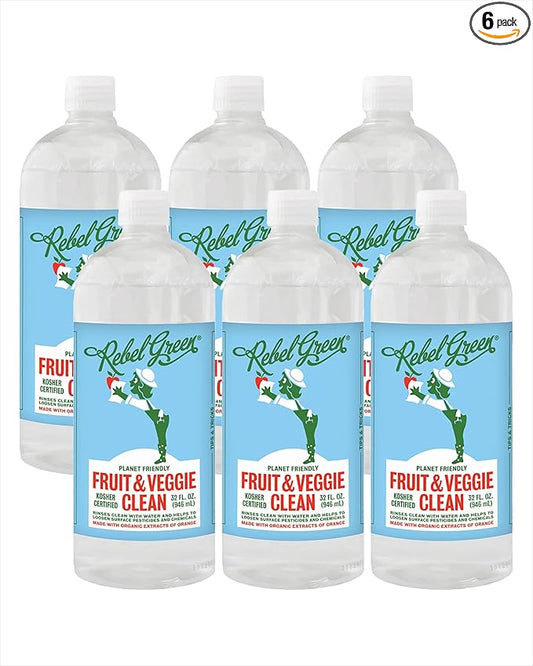 Rebel Green Fruit & Veggie Wash - Natural Produce Wash - Plant-Based Vegetable Wash Spray - Fruit and Vegetable Wash with No Aftertaste - Sustainable Food Wash - (34 oz Refill Bottles, 6 Pack)