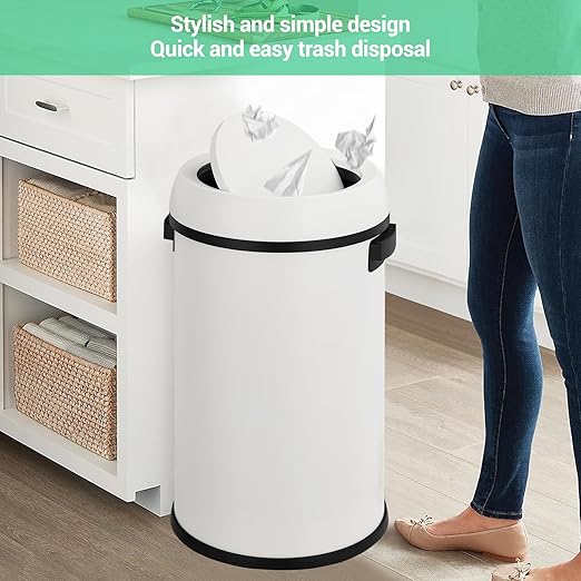 Garvee 17 Gallon/65 Liter Trash Can, Fingerprint-Proof Stainless Steel Swing Top Garbage Can, Heavy Duty Commercial Round Trash Bin with Swing Lid for Restaurant, Home, Office,White