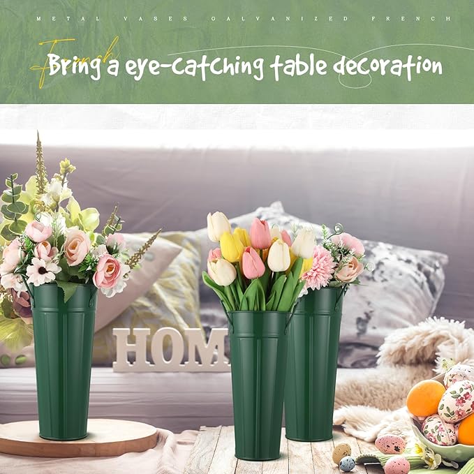 Lallisa 24 Pcs Metal Vases 9 Inch Galvanized French Farmhouse Flower Buckets with Handles and Hemp Rope, Vintage Style Flower Containers for Country Wedding Party Table Centerpiece Decor(Dark Green)