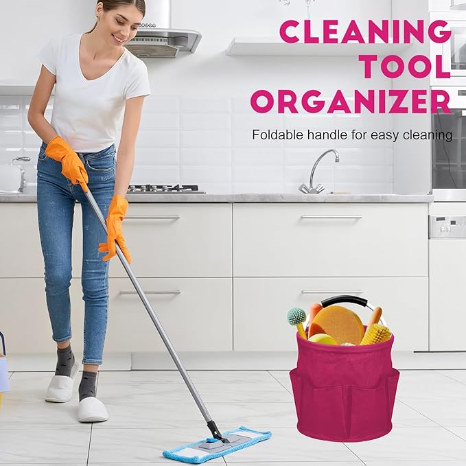 Cleaning Caddy for Cleaning Supplies,17L Cleaning Supply Caddy with Handle Foldable Cleaning Supplies Organizer Bucket Cleaning Products Organizers for Home, Garden (Rose Red)
